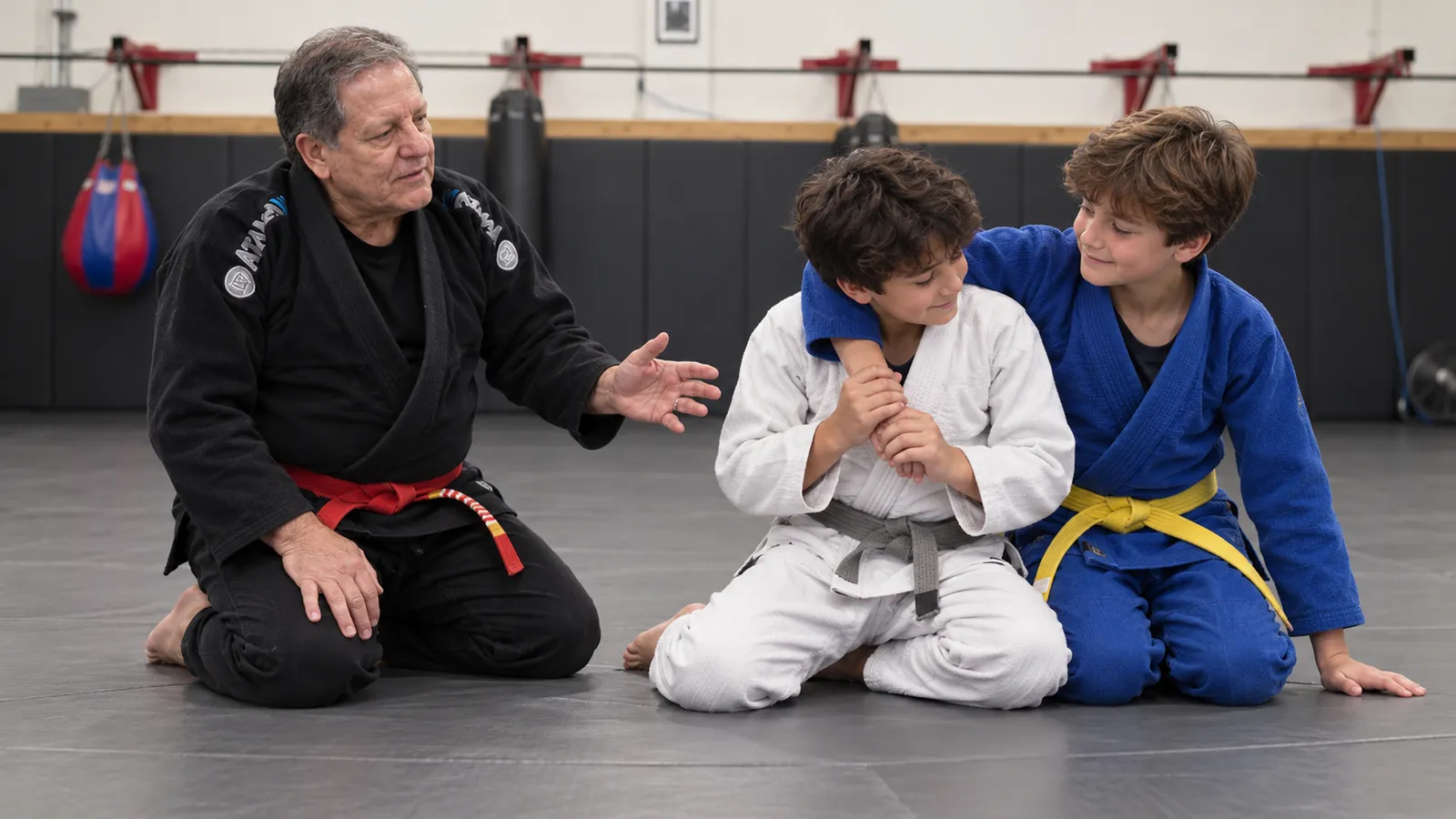 An instructor coaches two children as one practises escaping a headlock